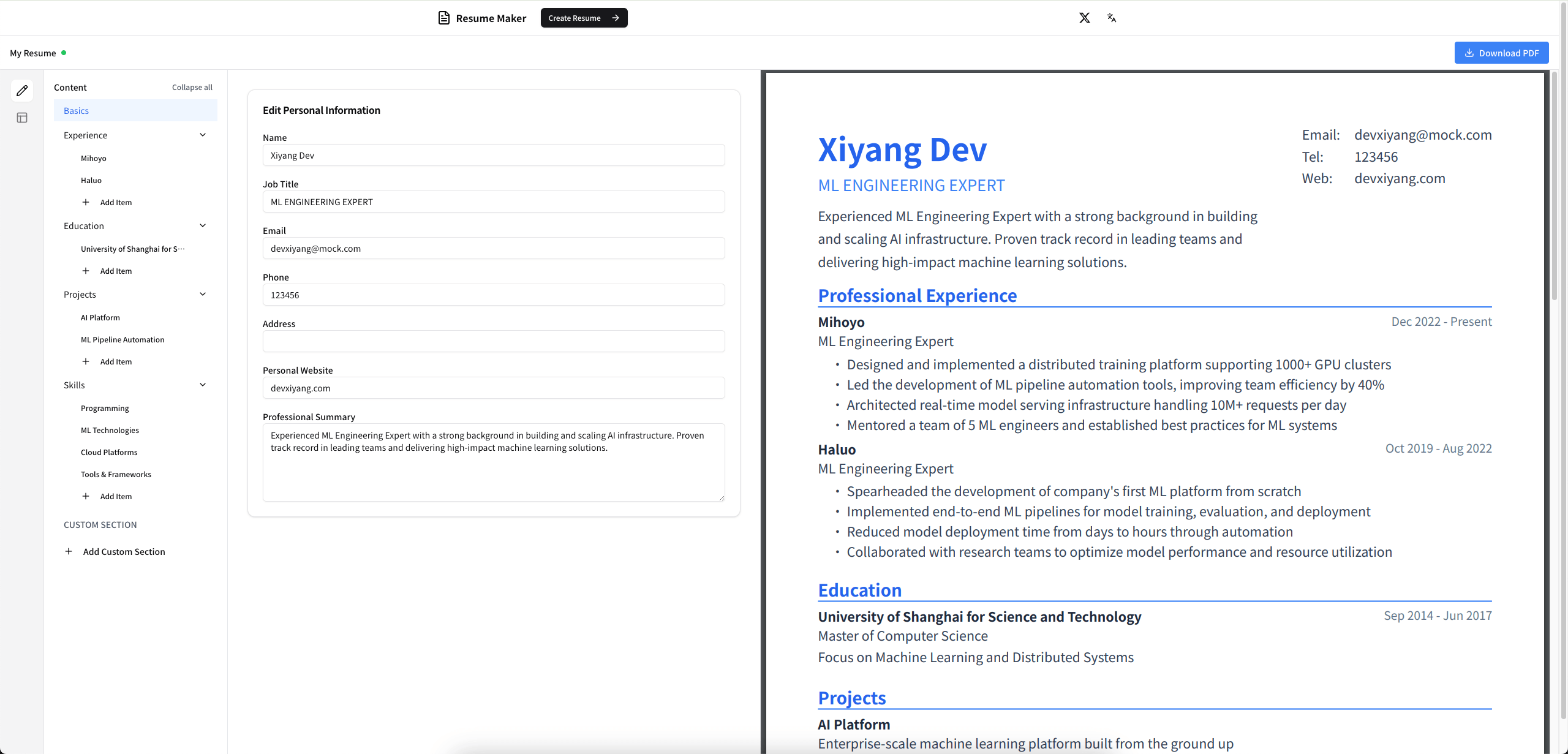 Resume Builder Interface